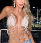 Faux Pearl Multi Layer Body Chain Bralette