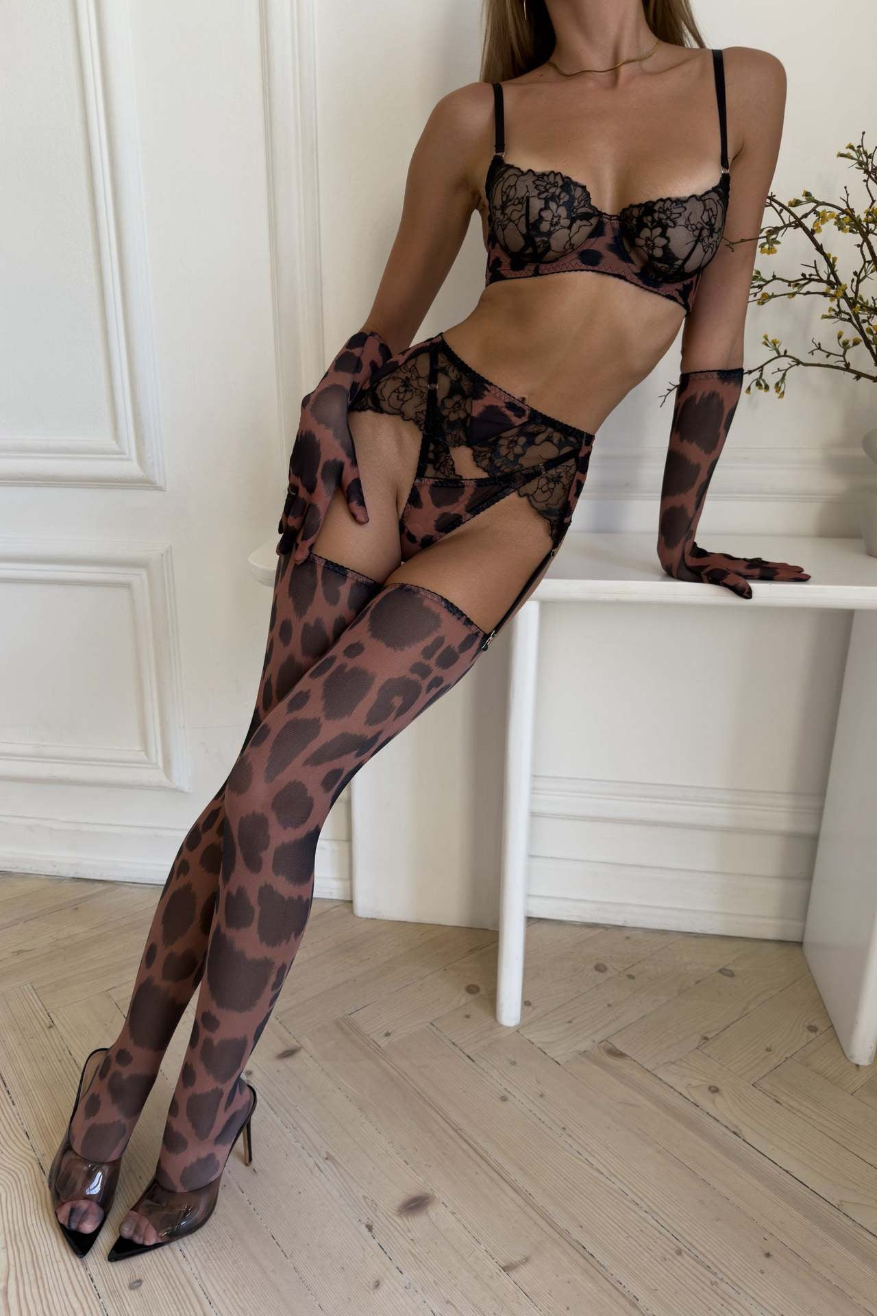 Leopard Print Rose Sexy Lingerie Set
