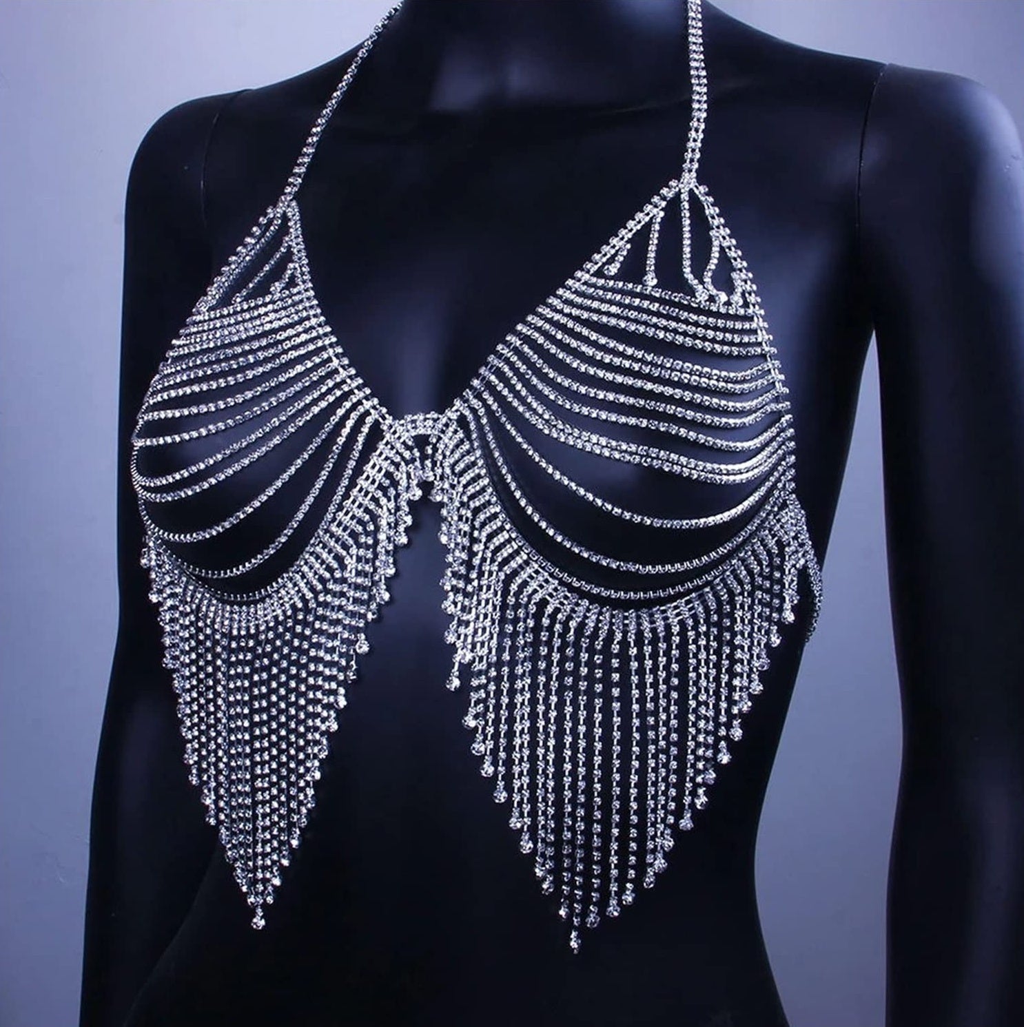 Noir Rhinestone Tassel Body Chain Bralette