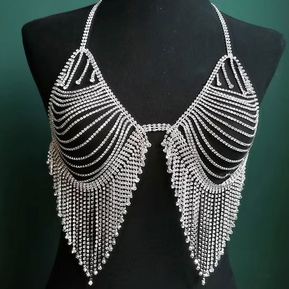 Noir Rhinestone Tassel Body Chain Bralette