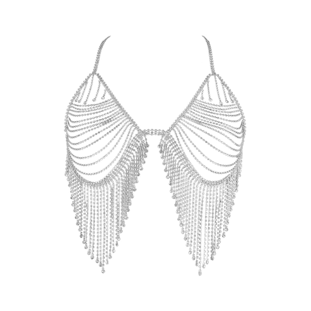 Noir Rhinestone Tassel Body Chain Bralette
